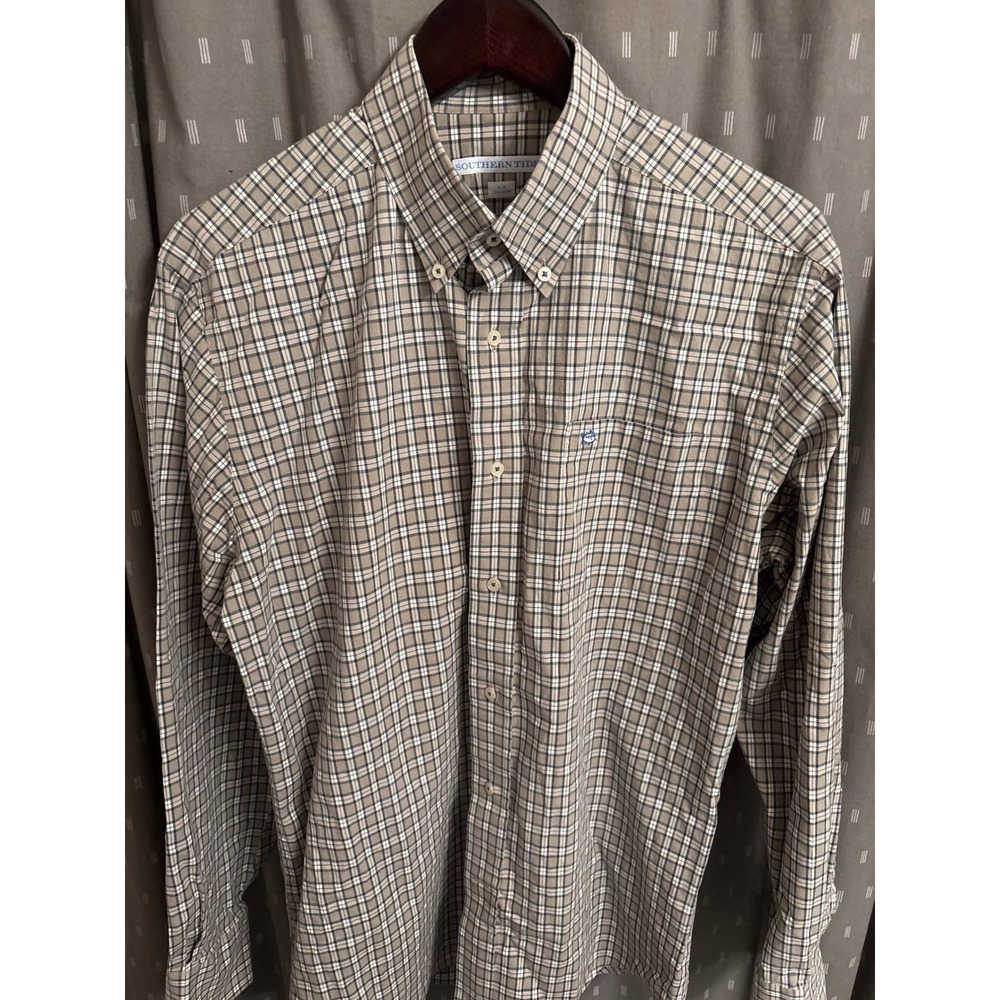 Southern Tide Mens Classic Fit Plaid Button Down Shirt Tan Blue Size M Stretch